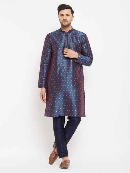 vastramay mens blue woven silk blend kurta and navy blue pant style pyjama set