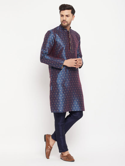 vastramay mens blue woven silk blend kurta and navy blue pant style pyjama set