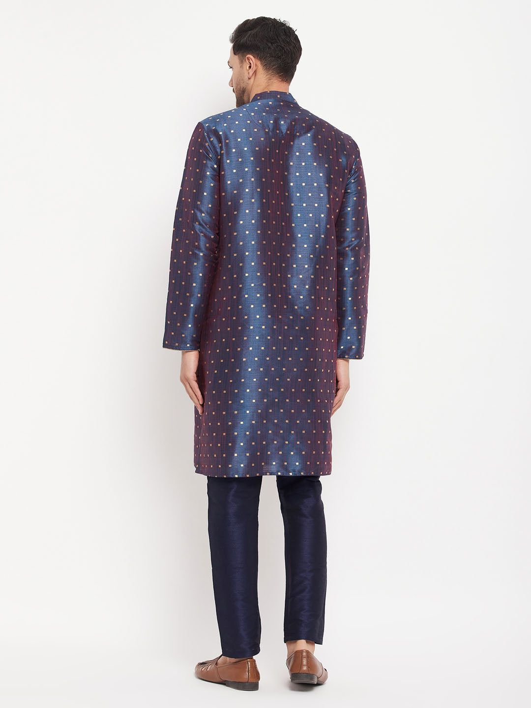 vastramay mens blue woven silk blend kurta and navy blue pant style pyjama set