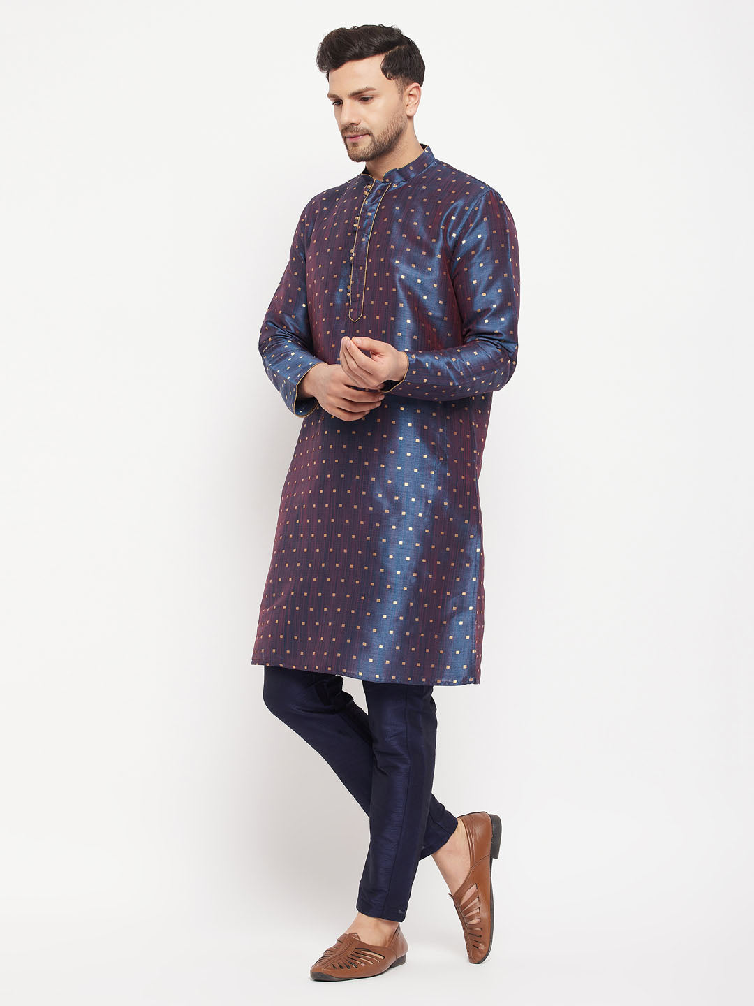 vastramay mens blue woven silk blend kurta and navy blue pant style pyjama set