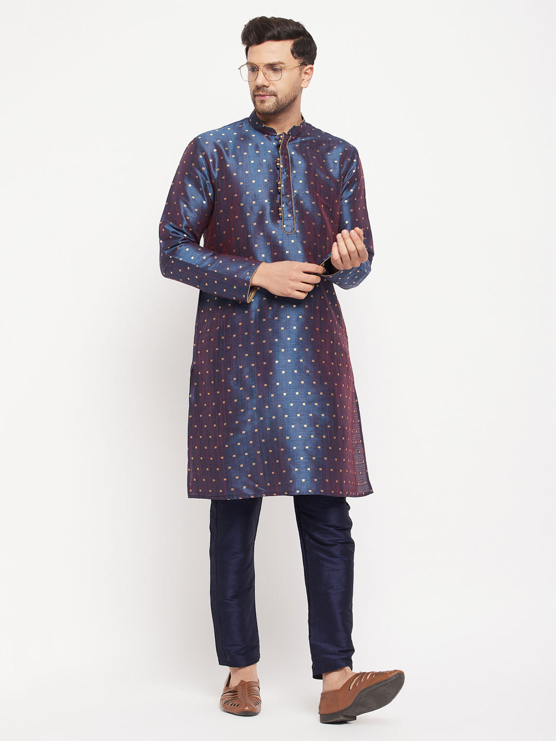 vastramay mens blue woven silk blend kurta and navy blue pant style pyjama set