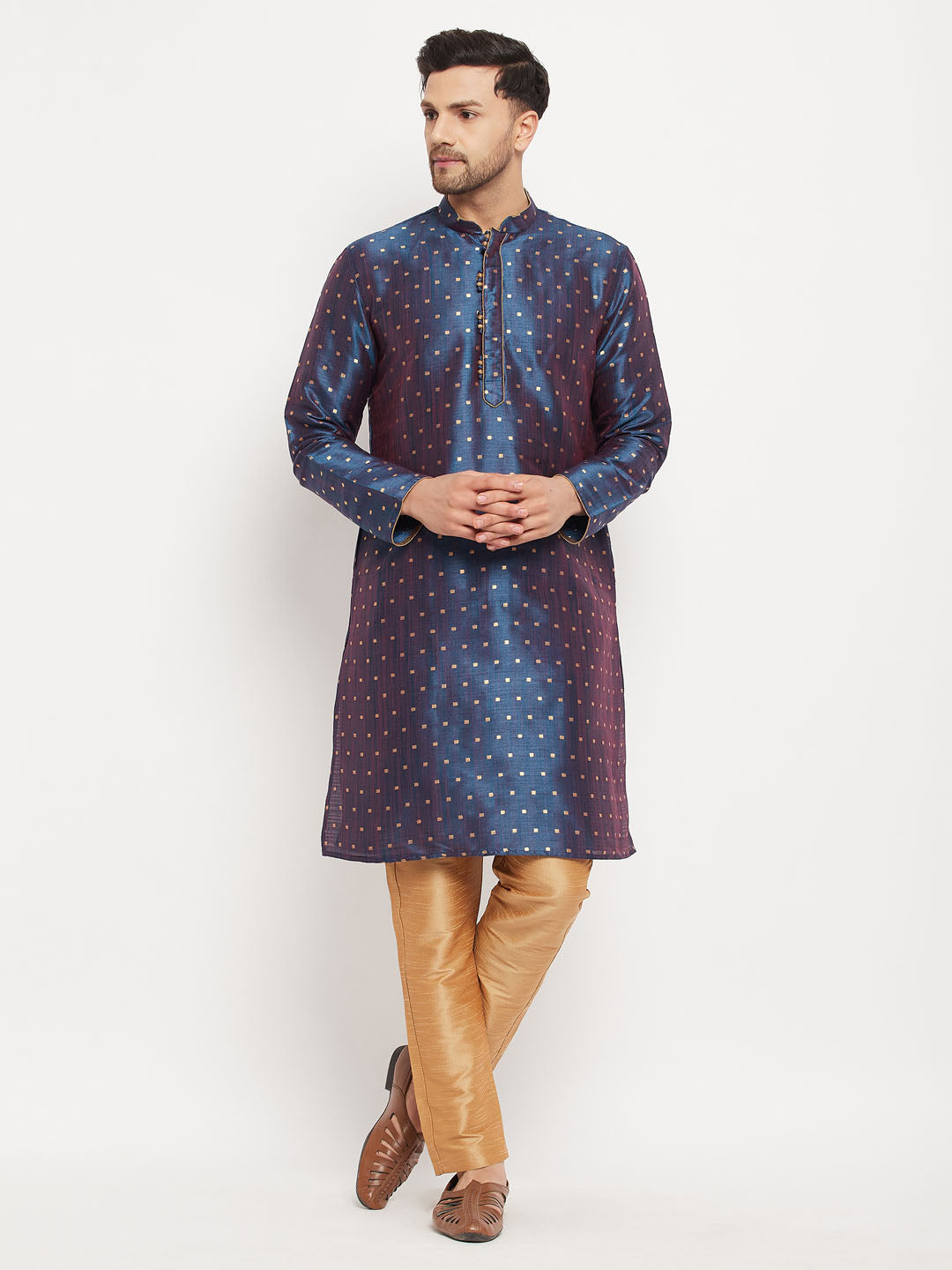 vastramay mens navy blue woven silk blend kurta and rose gold pant style pyjama set