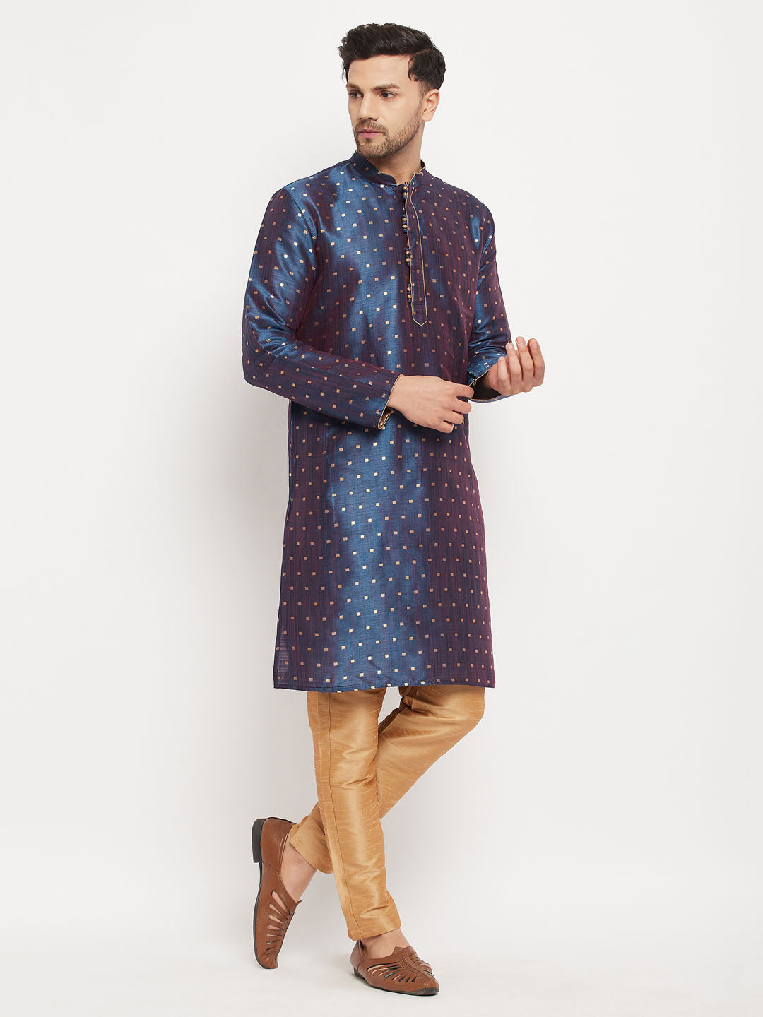 vastramay mens navy blue woven silk blend kurta and rose gold pant style pyjama set