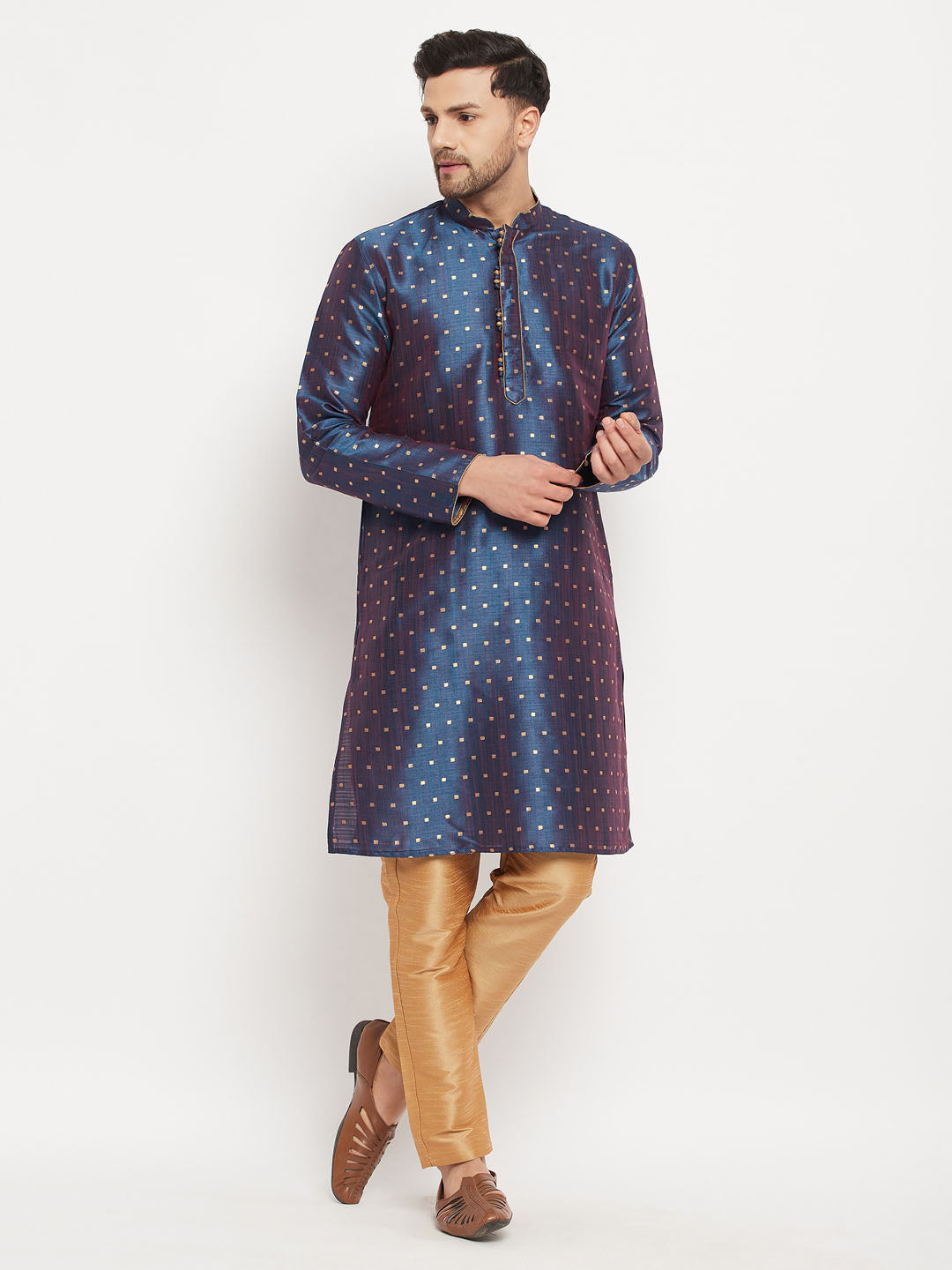 vastramay mens navy blue woven silk blend kurta and rose gold pant style pyjama set