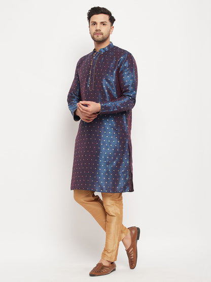 vastramay mens navy blue woven silk blend kurta and rose gold pant style pyjama set