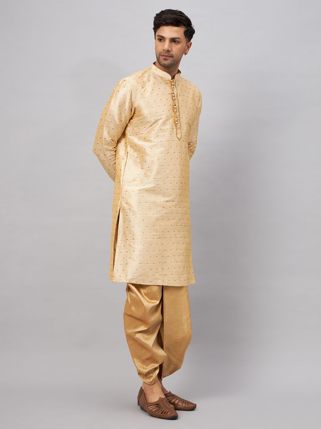 Men's Gold Zari Weaved Kurta Dhoti Set