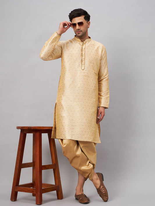 VM BY Men's Gold Zari Weaved Kurta Dhoti Set