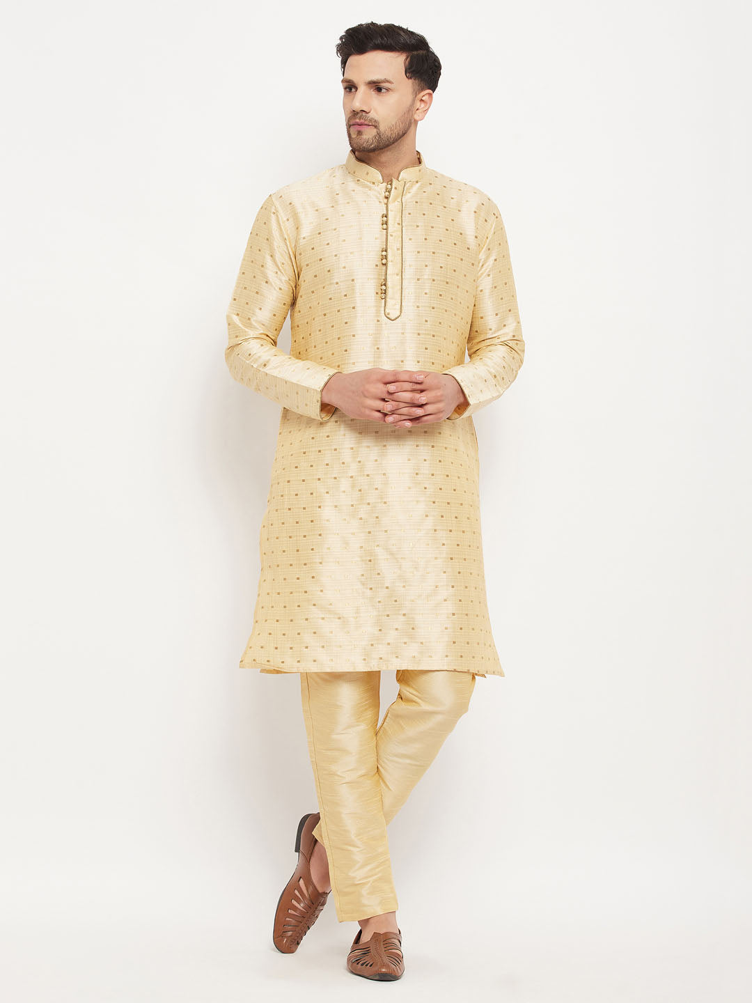 vastramay mens navy blue woven silk blend kurta and gold pant style pyjama set
