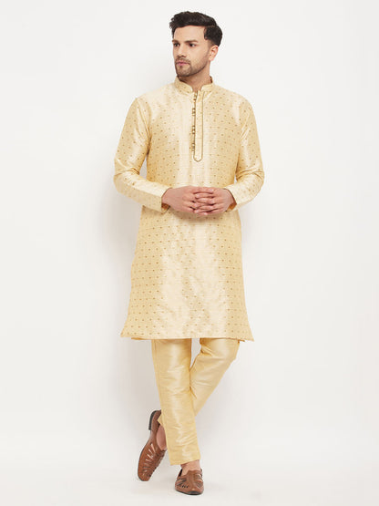vastramay mens navy blue woven silk blend kurta and gold pant style pyjama set