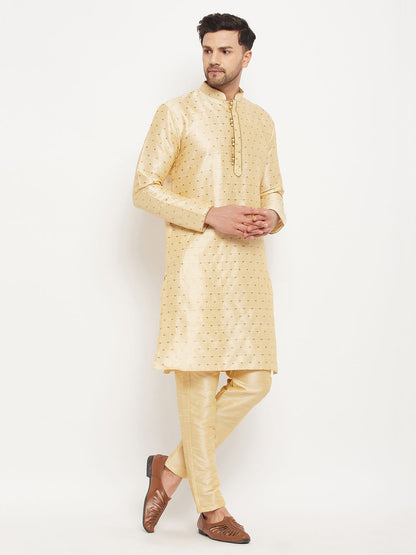vastramay mens navy blue woven silk blend kurta and gold pant style pyjama set