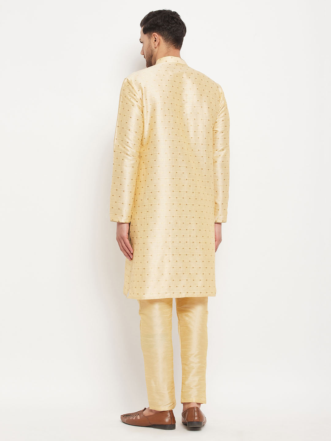 vastramay mens navy blue woven silk blend kurta and gold pant style pyjama set