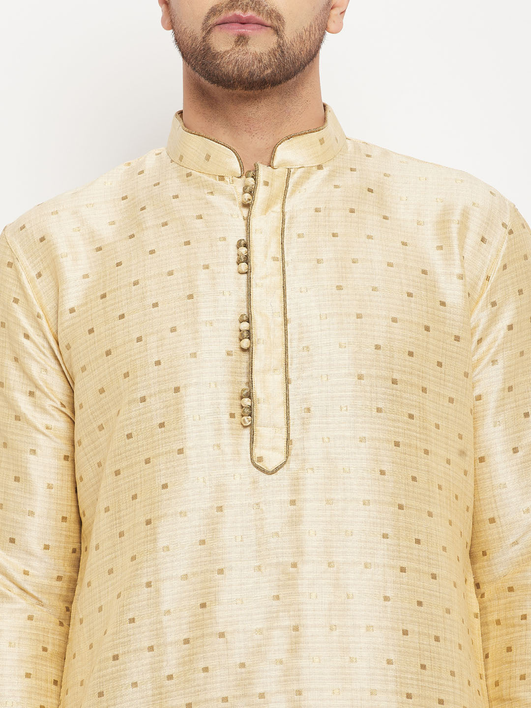 vastramay mens navy blue woven silk blend kurta and gold pant style pyjama set