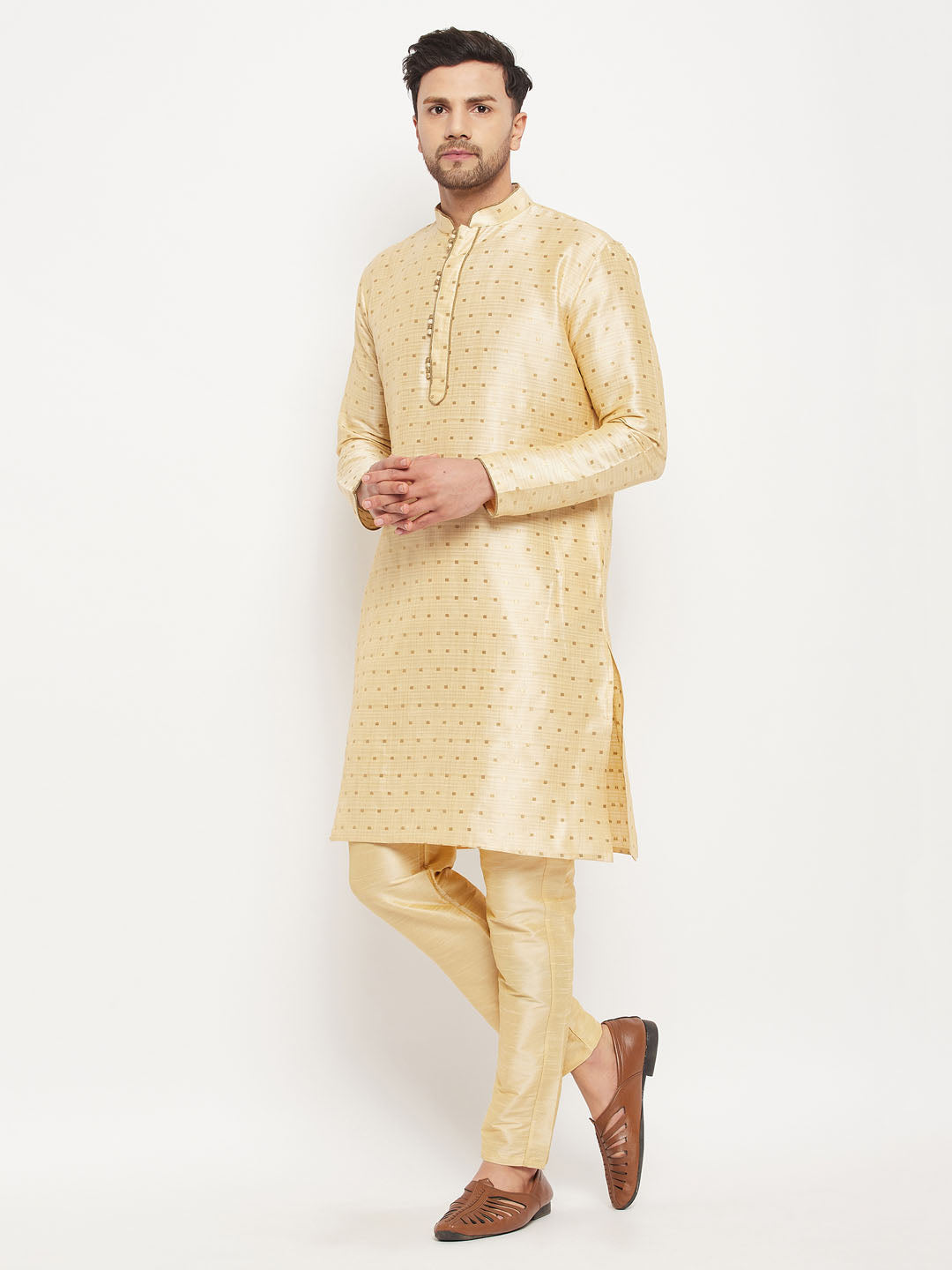vastramay mens navy blue woven silk blend kurta and gold pant style pyjama set