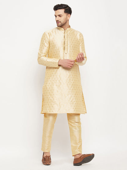 vastramay mens navy blue woven silk blend kurta and gold pant style pyjama set