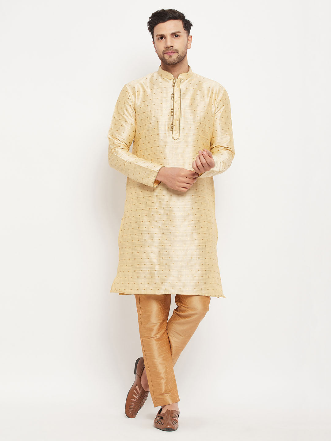 vastramay mens gold woven silk blend kurta and rose gold pant style pyjama set