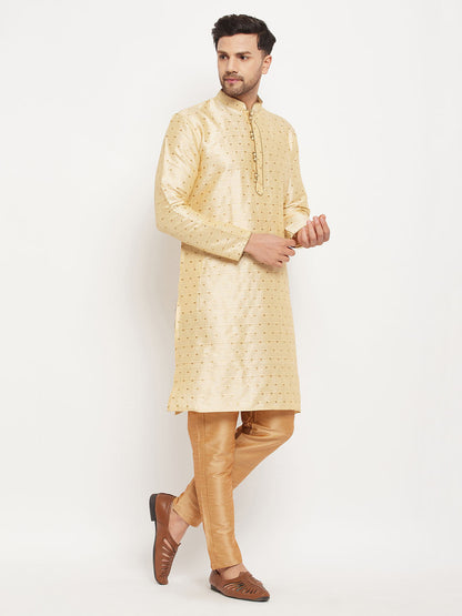 vastramay mens gold woven silk blend kurta and rose gold pant style pyjama set