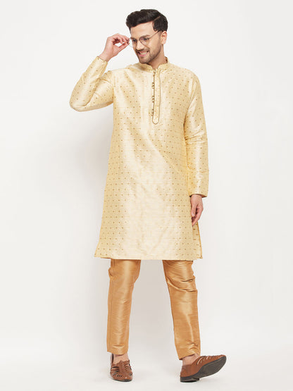 vastramay mens gold woven silk blend kurta and rose gold pant style pyjama set