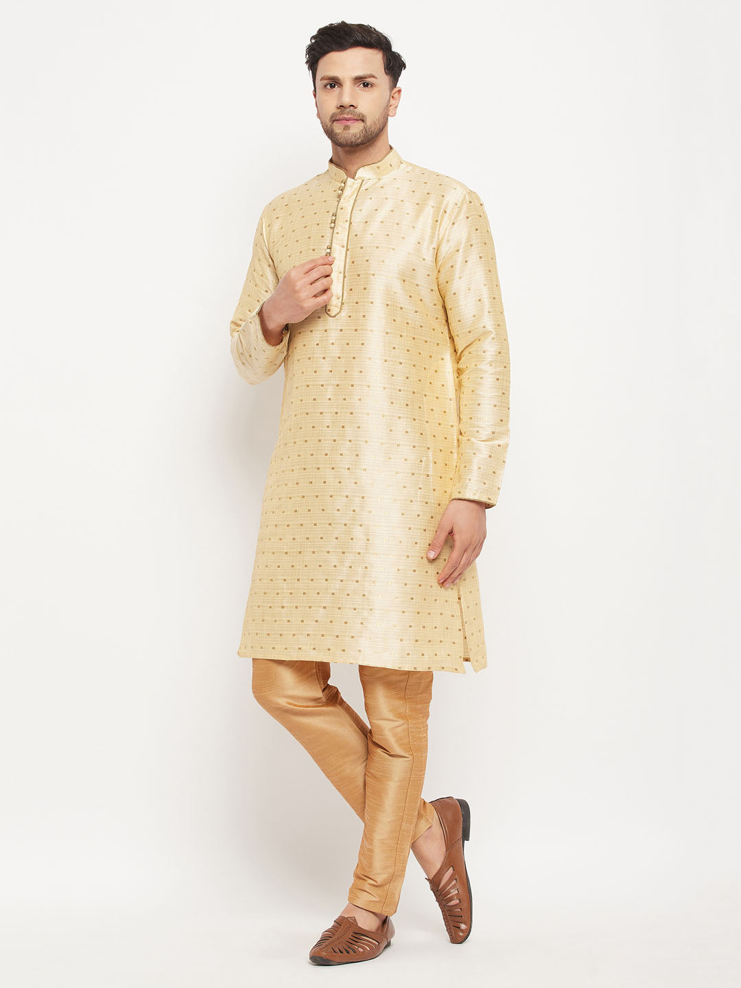 vastramay mens gold woven silk blend kurta and rose gold pant style pyjama set