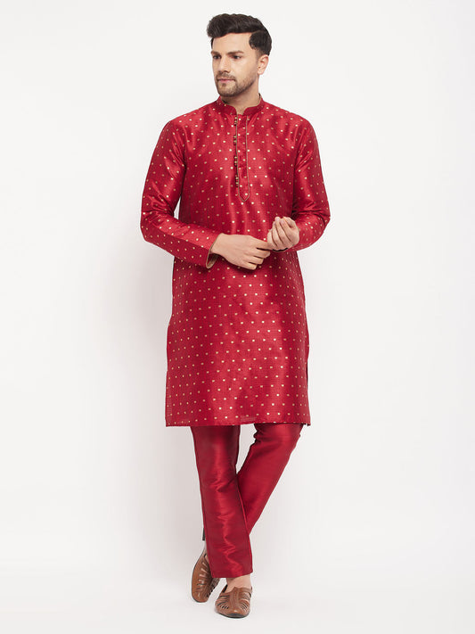 vastramay mens maroon woven silk blend kurta and maroon pant style pyjama set