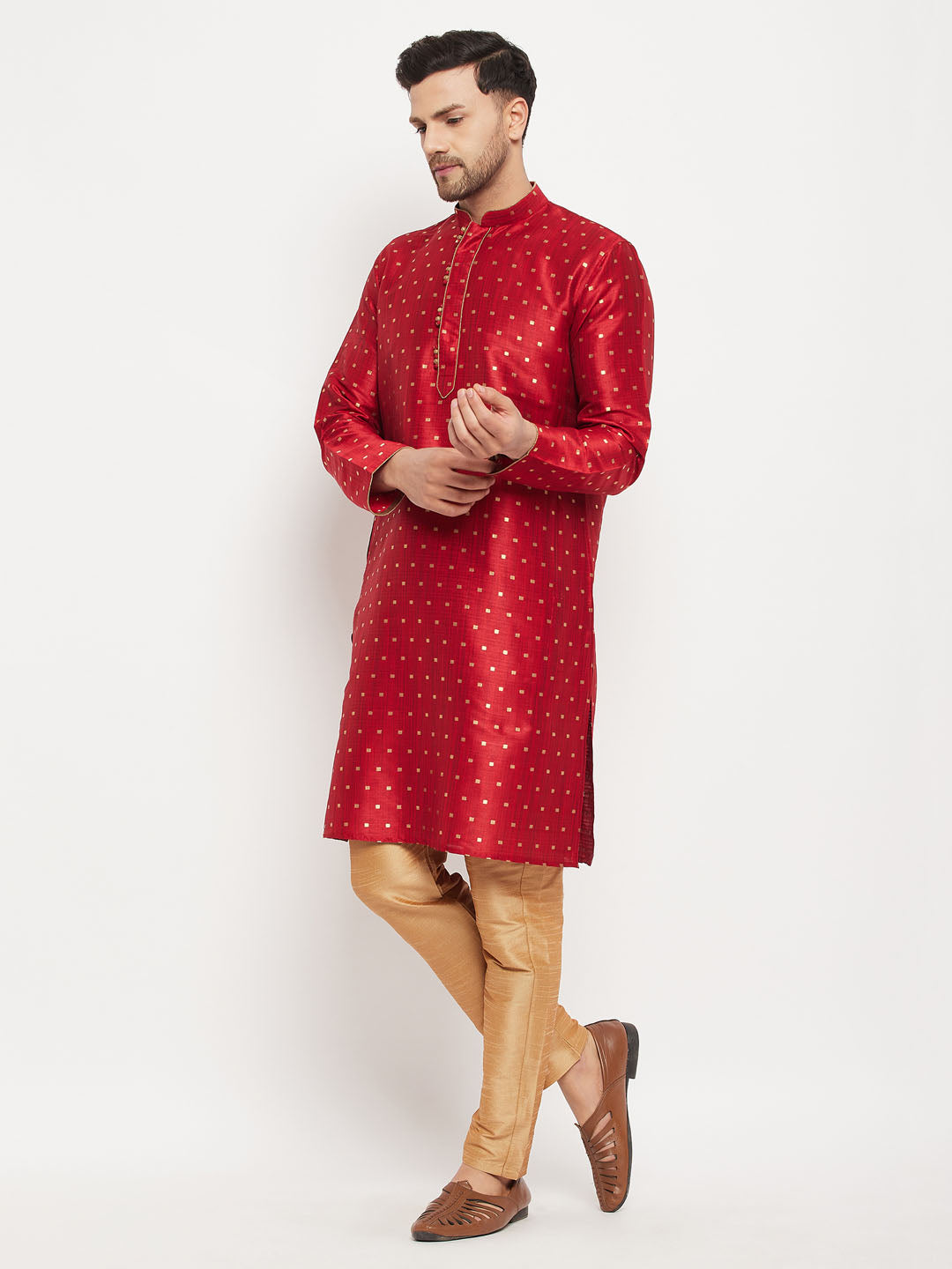 vastramay mens maroon woven silk blend kurta and rose gold pant style pyjama set