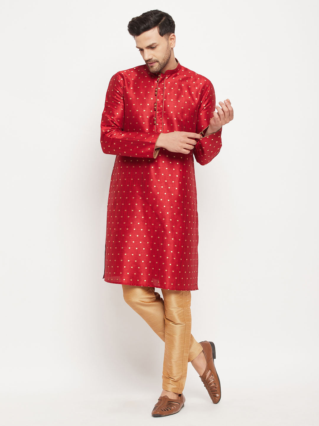 vastramay mens maroon woven silk blend kurta and rose gold pant style pyjama set