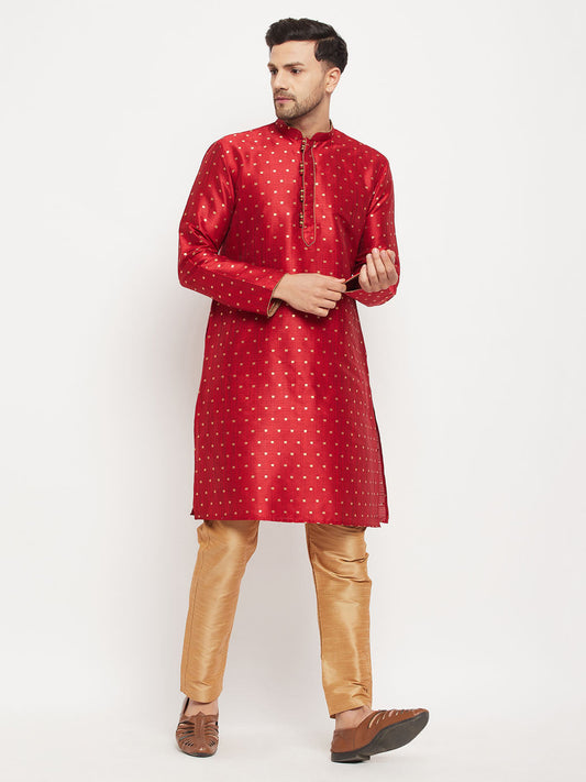 vastramay mens maroon woven silk blend kurta and rose gold pant style pyjama set