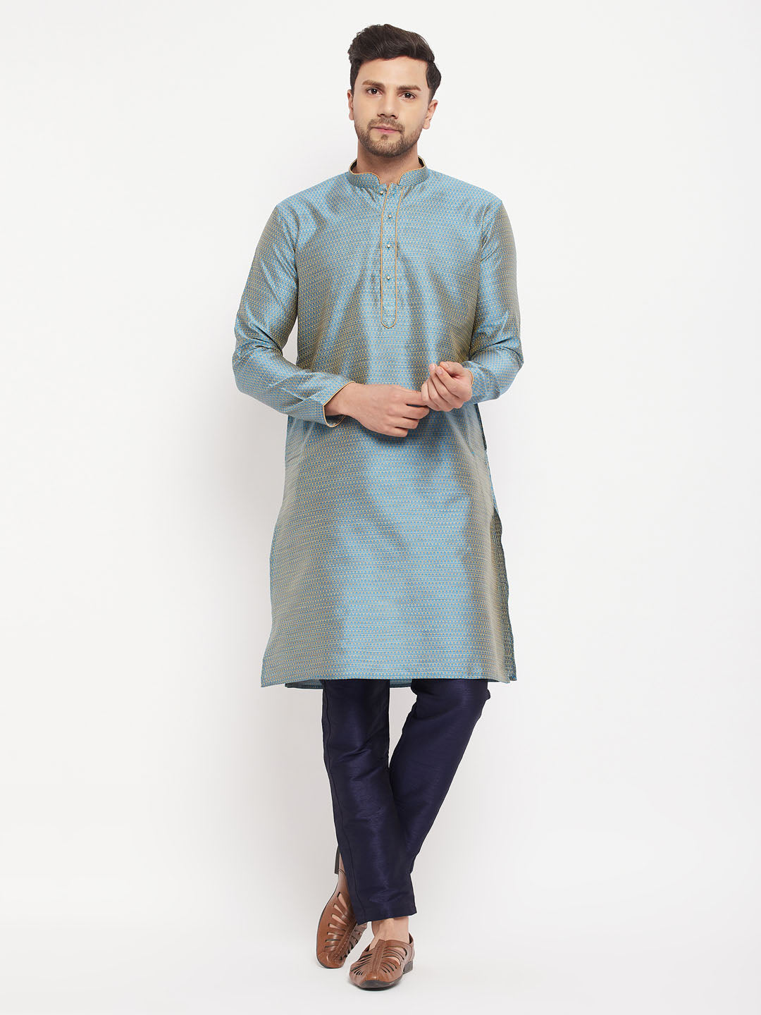 vastramay mens blue cotton silk blend kurta and navy blue pant style pyjama set