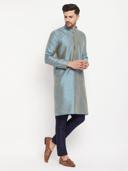 vastramay mens blue cotton silk blend kurta and navy blue pant style pyjama set