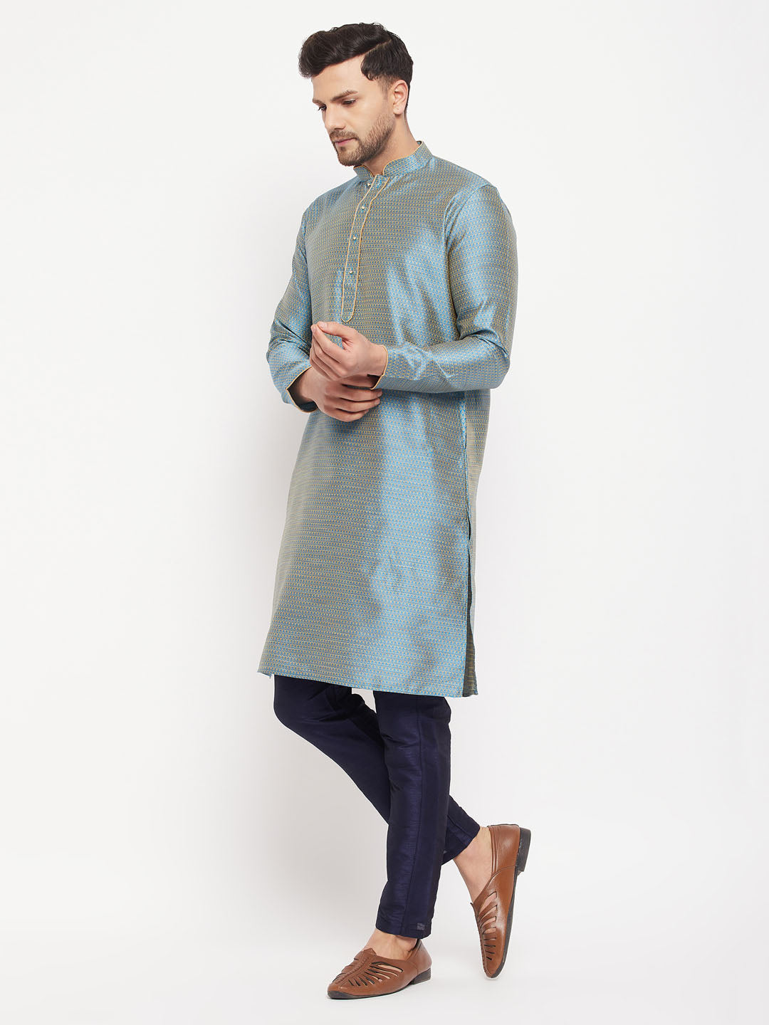 vastramay mens blue cotton silk blend kurta and navy blue pant style pyjama set