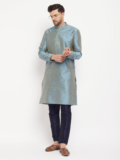 vastramay mens blue cotton silk blend kurta and navy blue pant style pyjama set