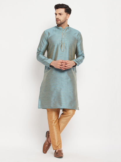 vastramay mens aqua blue silk blend kurta and rose gold pant style pyjama set