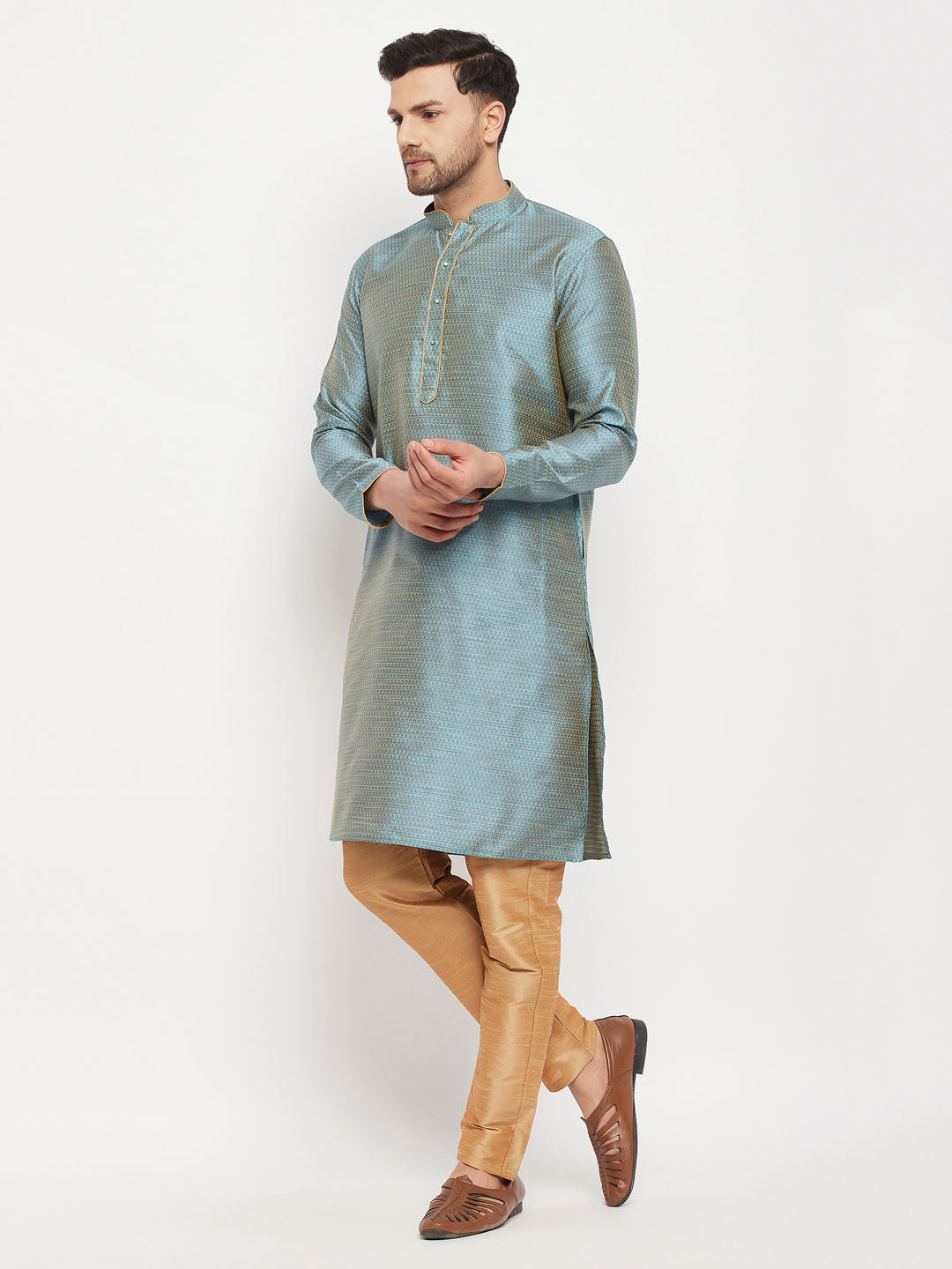 vastramay mens aqua blue silk blend kurta and rose gold pant style pyjama set