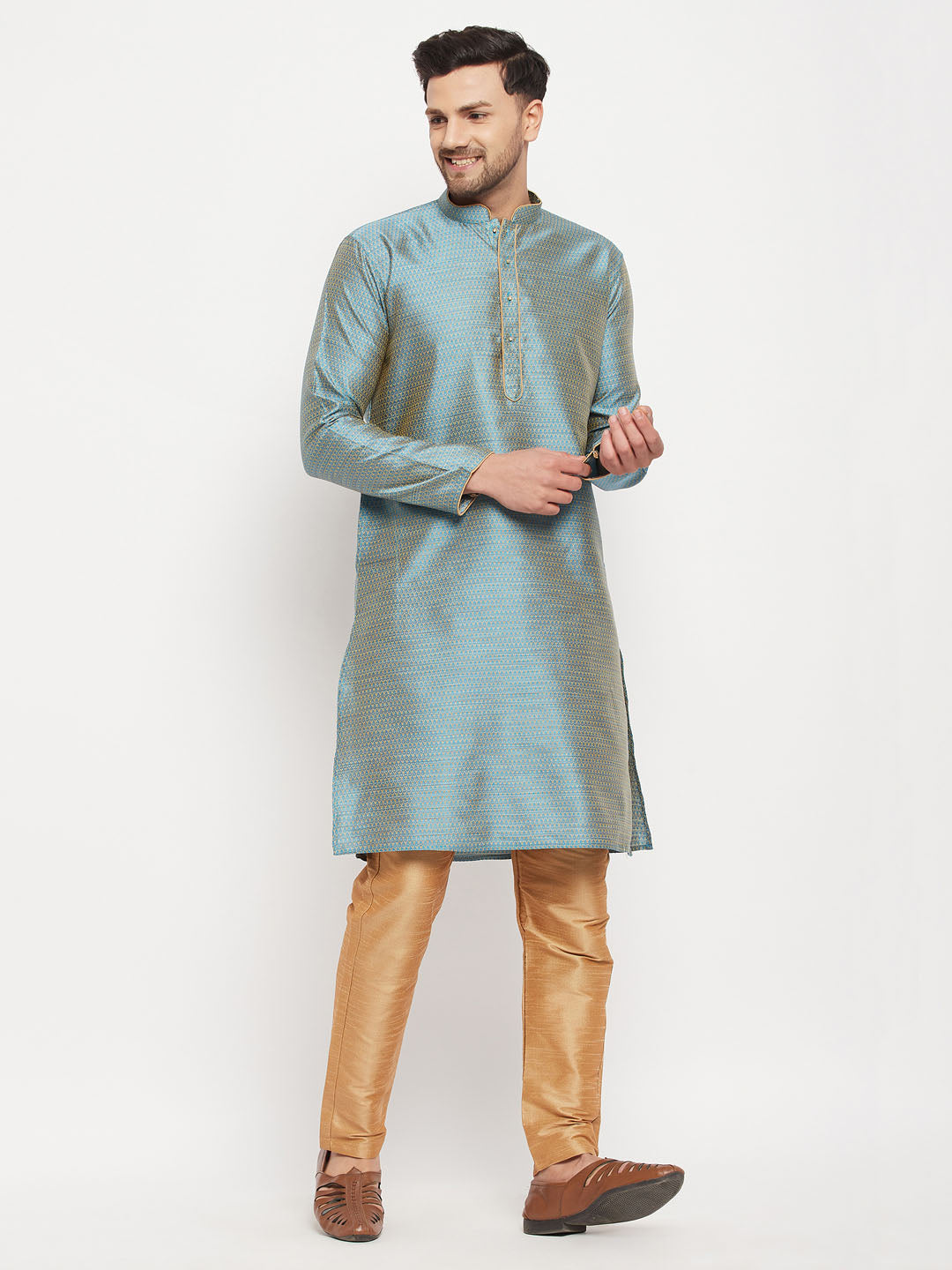 vastramay mens aqua blue silk blend kurta and rose gold pant style pyjama set