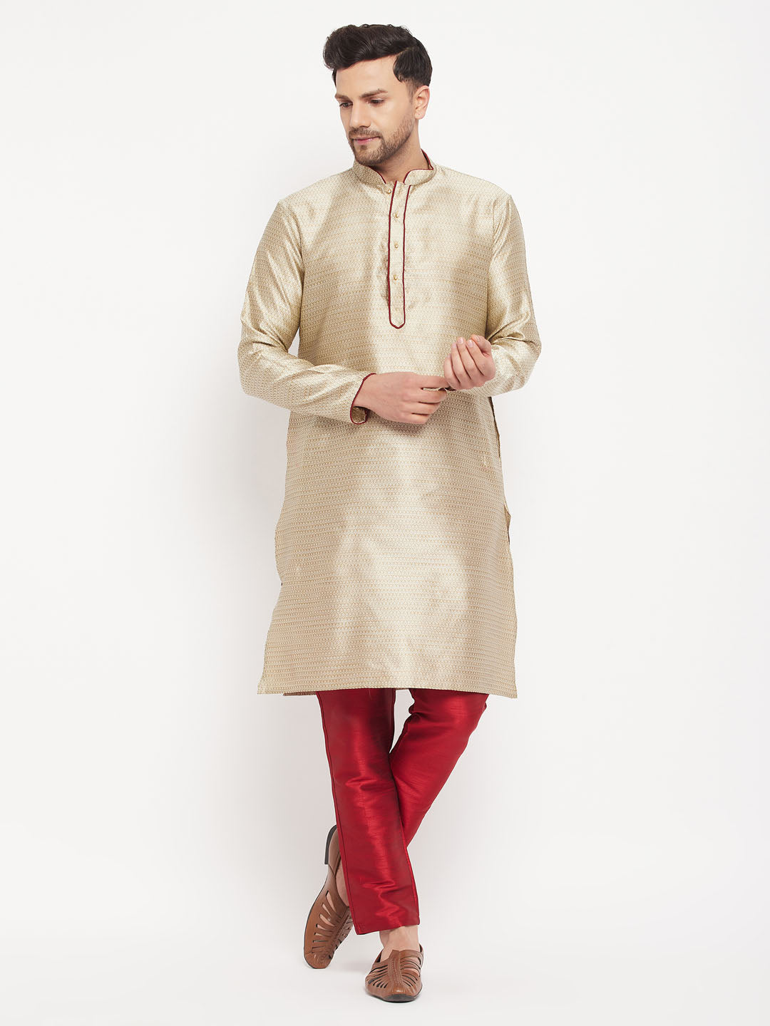 vastramay mens beige silk blend kurta and maroon pant style pyjama set