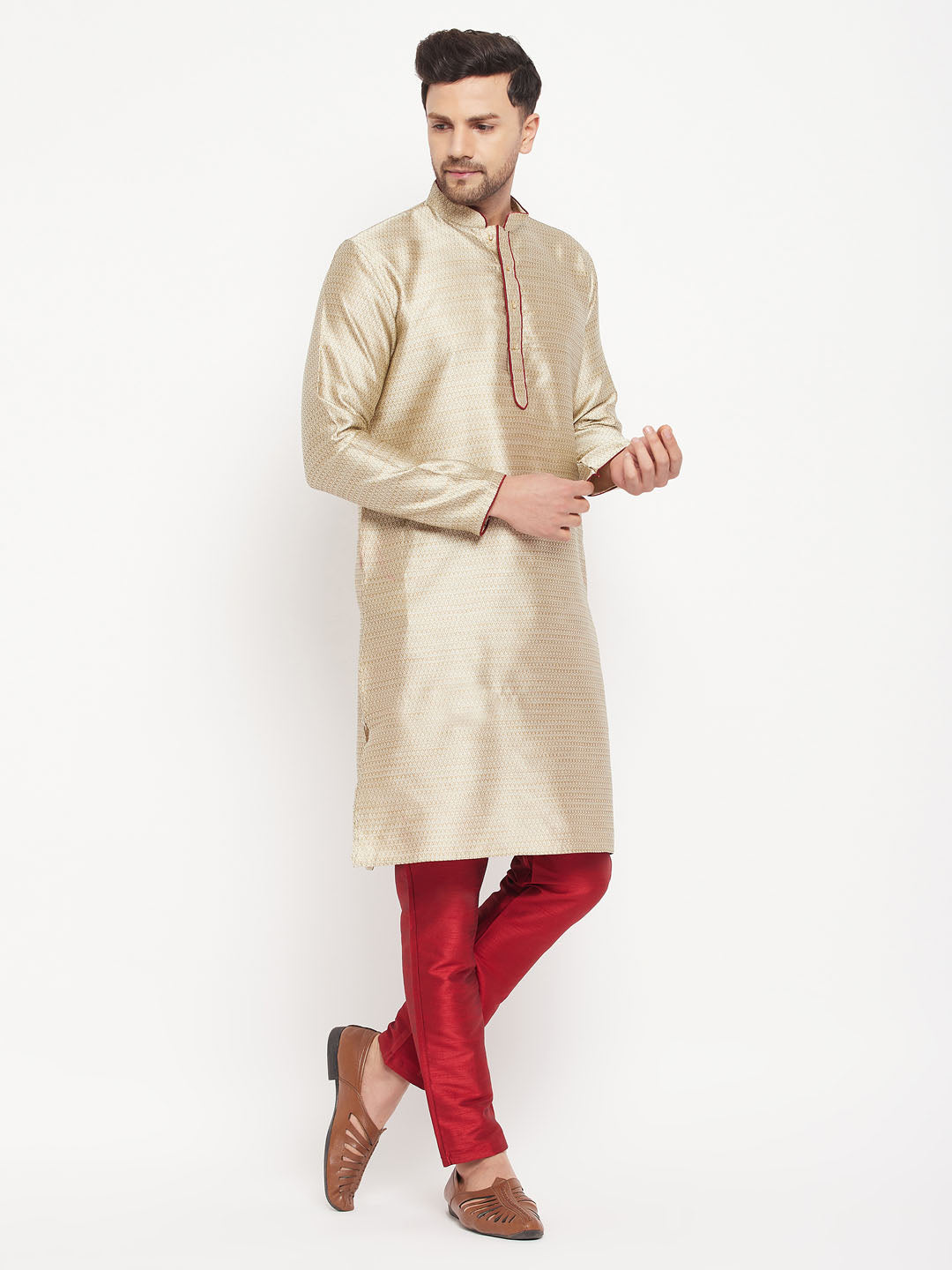 vastramay mens beige silk blend kurta and maroon pant style pyjama set