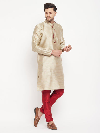 vastramay mens beige silk blend kurta and maroon pant style pyjama set