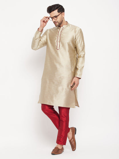 vastramay mens beige silk blend kurta and maroon pant style pyjama set