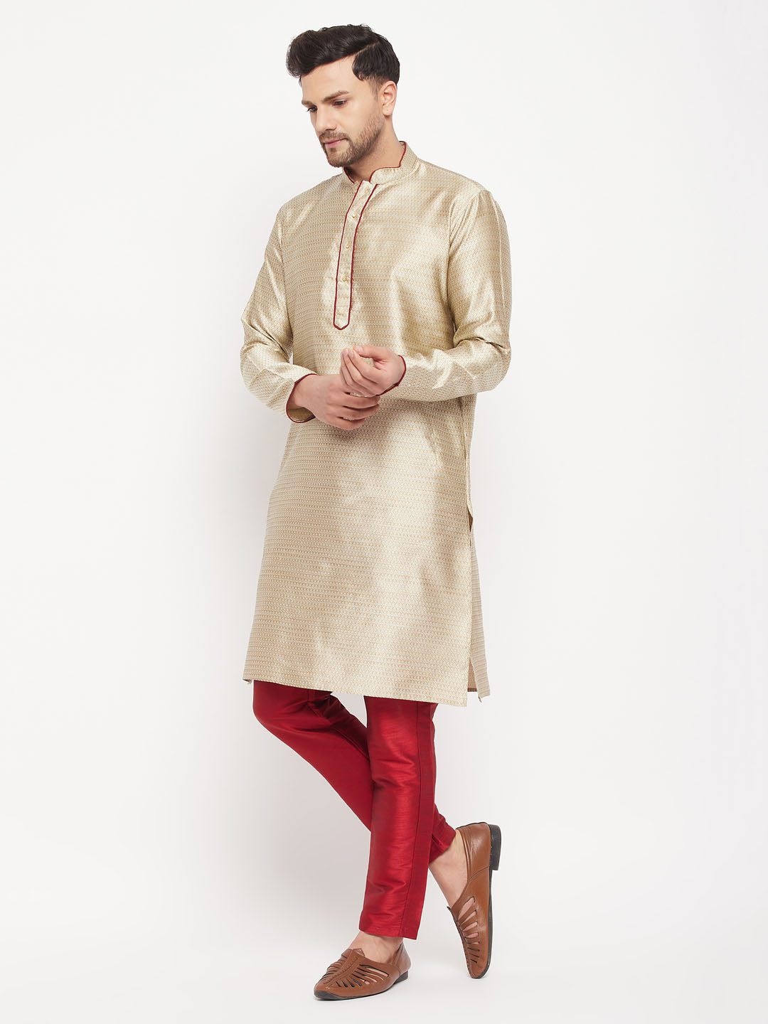 vastramay mens beige silk blend kurta and maroon pant style pyjama set