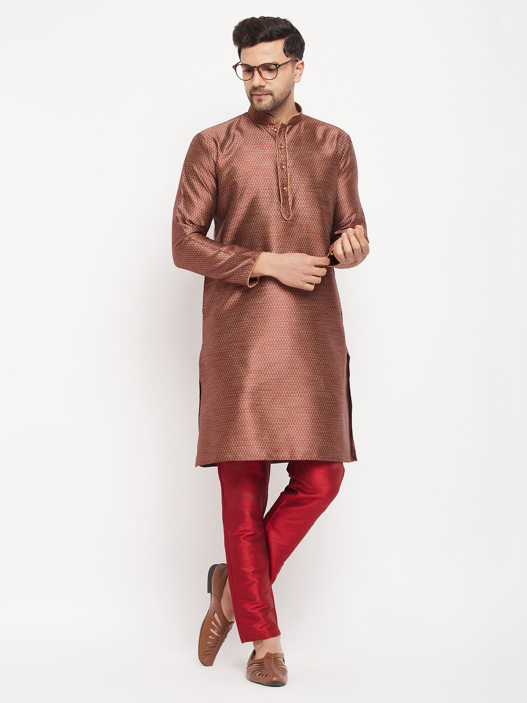 vastramay mens maroon silk blend kurta and maroon pant style pyjama set