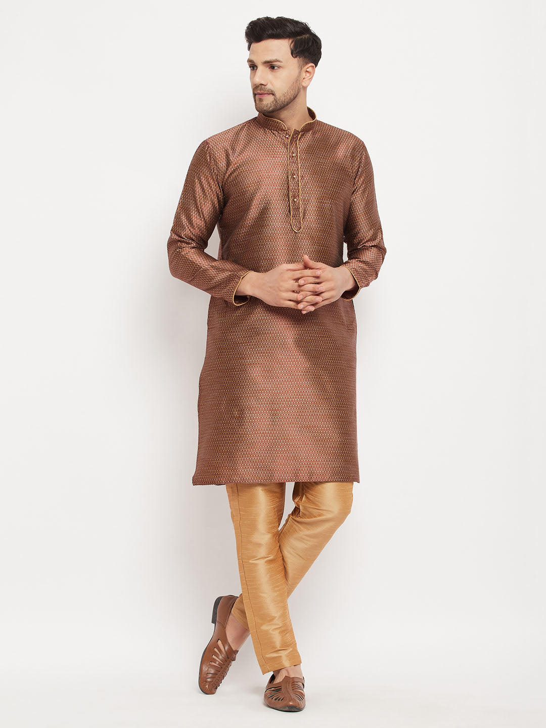 vastramay mens maroon silk blend kurta and rose gold pant style pyjama set