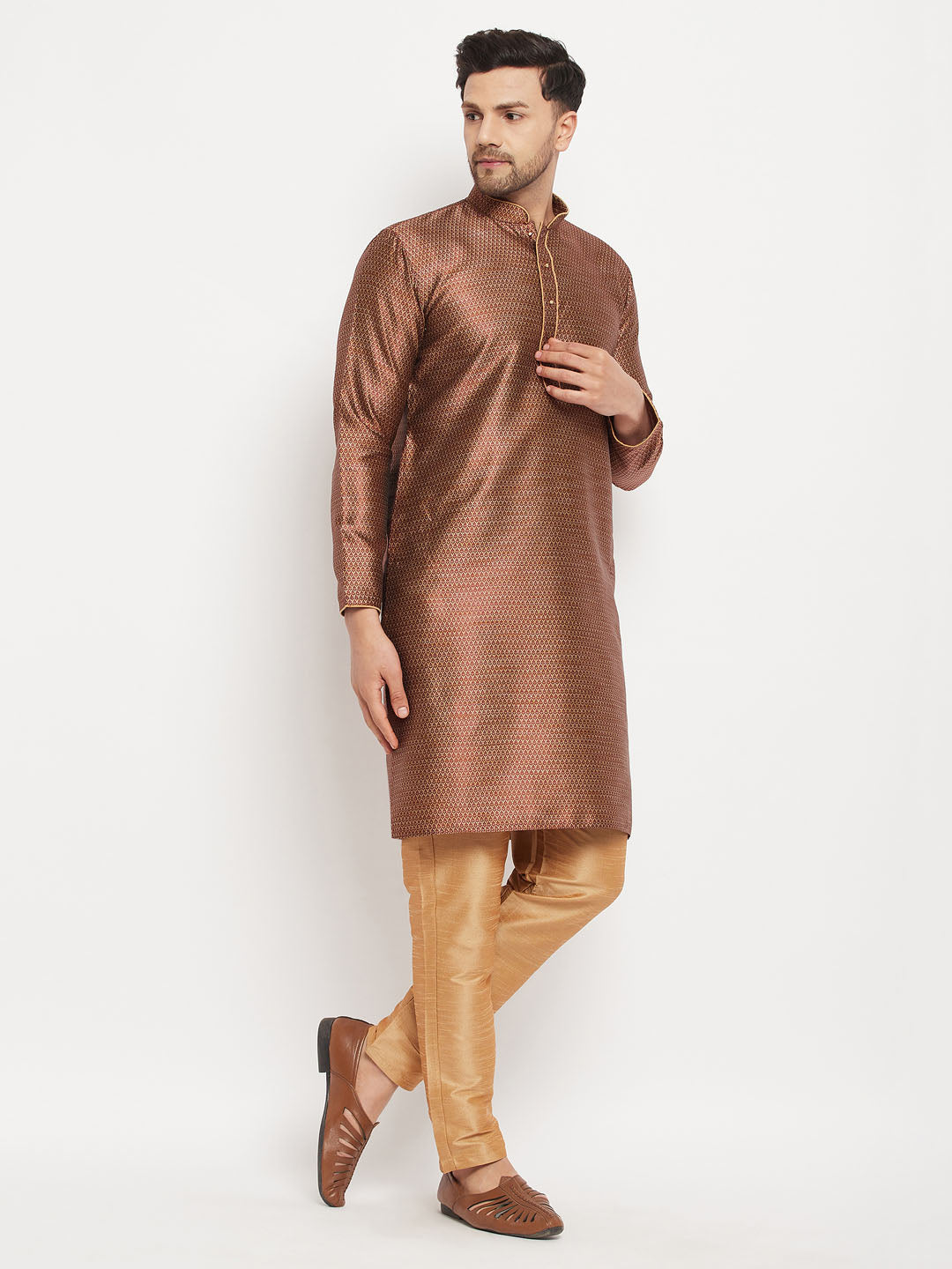 vastramay mens maroon silk blend kurta and rose gold pant style pyjama set