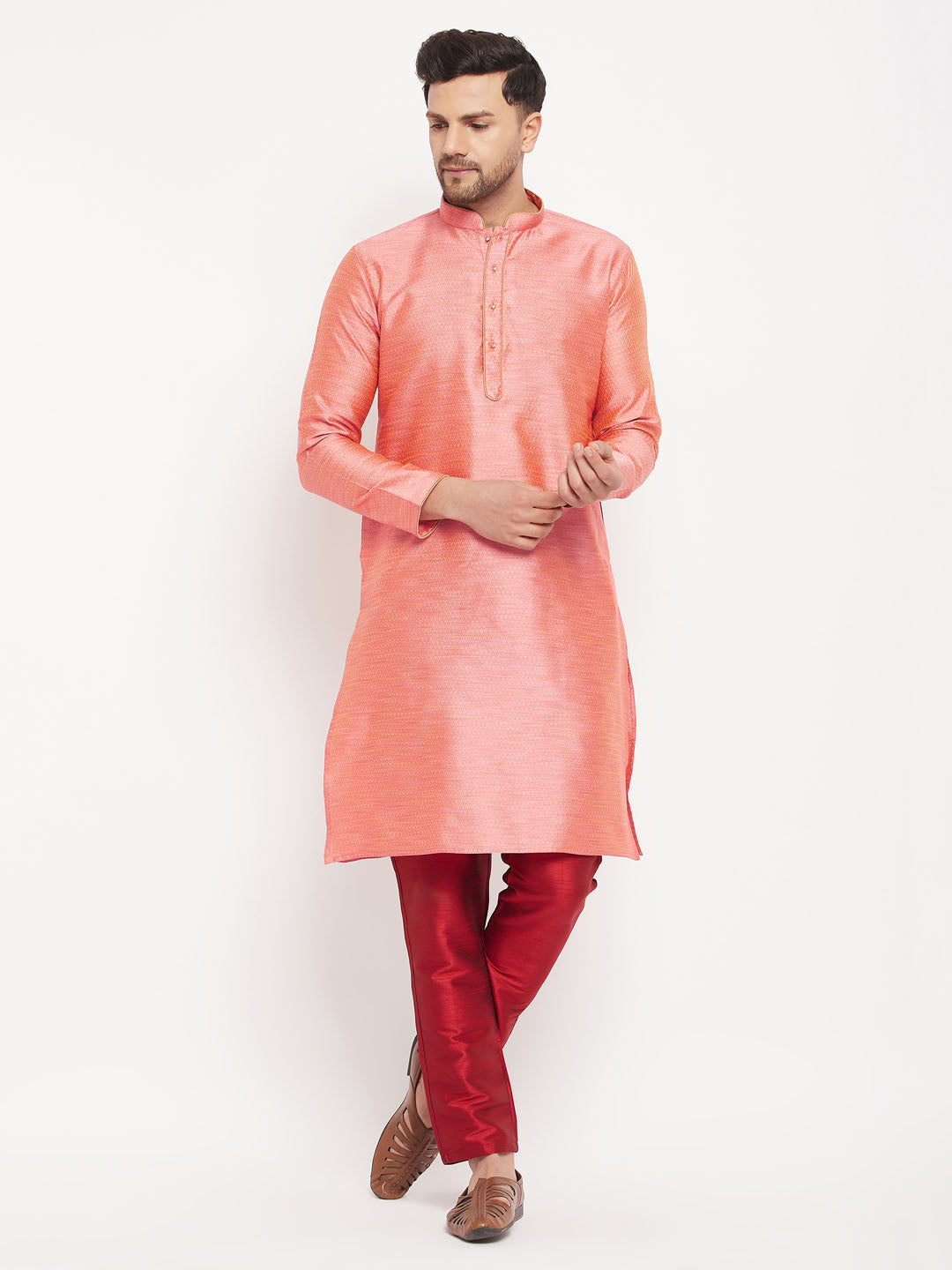 vastramay mens pink silk blend kurta and maroon pant style pyjama set