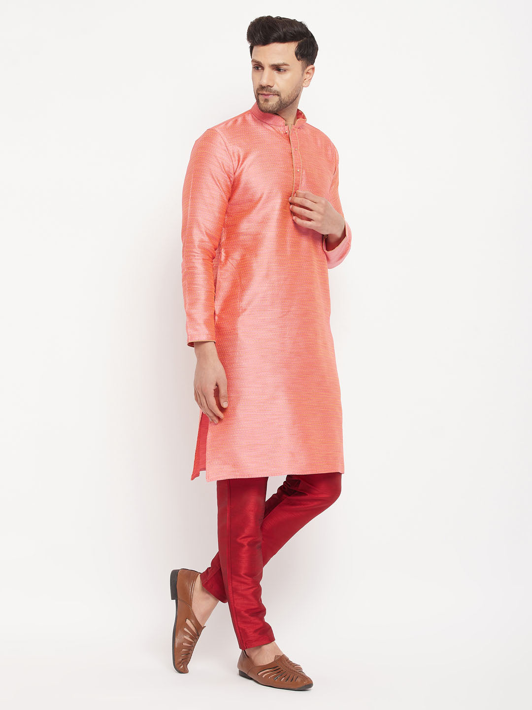 vastramay mens pink silk blend kurta and maroon pant style pyjama set