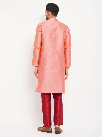 vastramay mens pink silk blend kurta and maroon pant style pyjama set