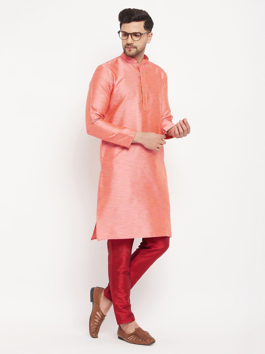 vastramay mens pink silk blend kurta and maroon pant style pyjama set