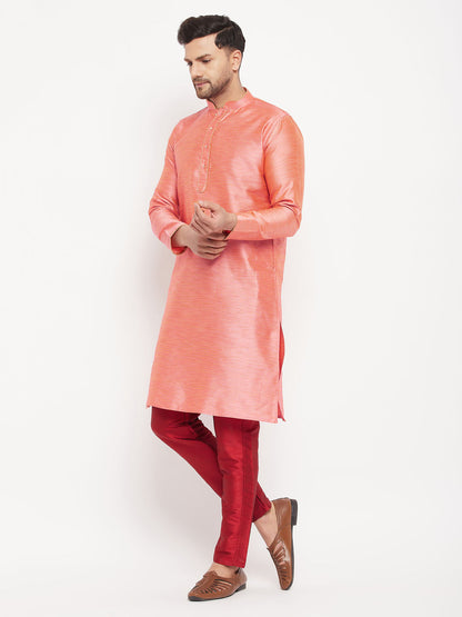 vastramay mens pink silk blend kurta and maroon pant style pyjama set