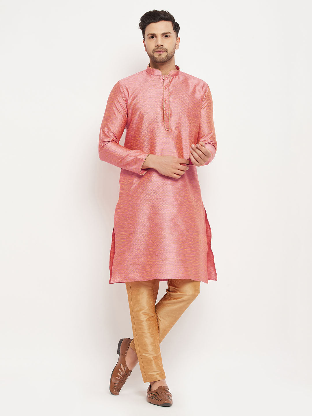 vastramay mens pink silk blend kurta and rose gold pant style pyjama set