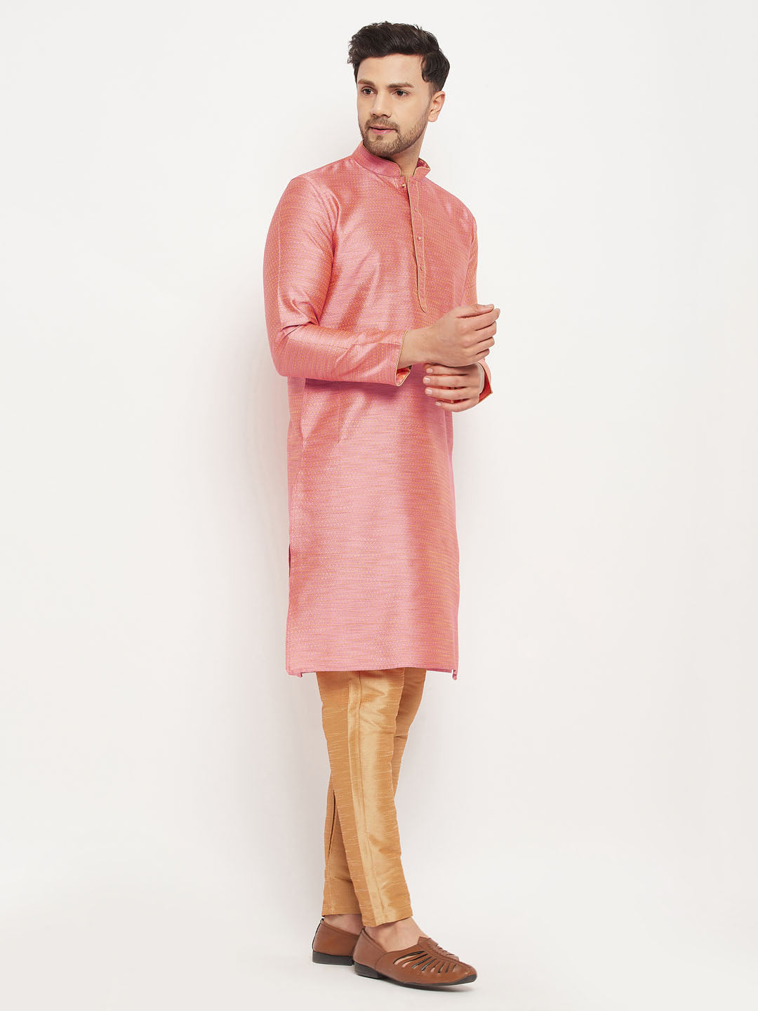 vastramay mens pink silk blend kurta and rose gold pant style pyjama set