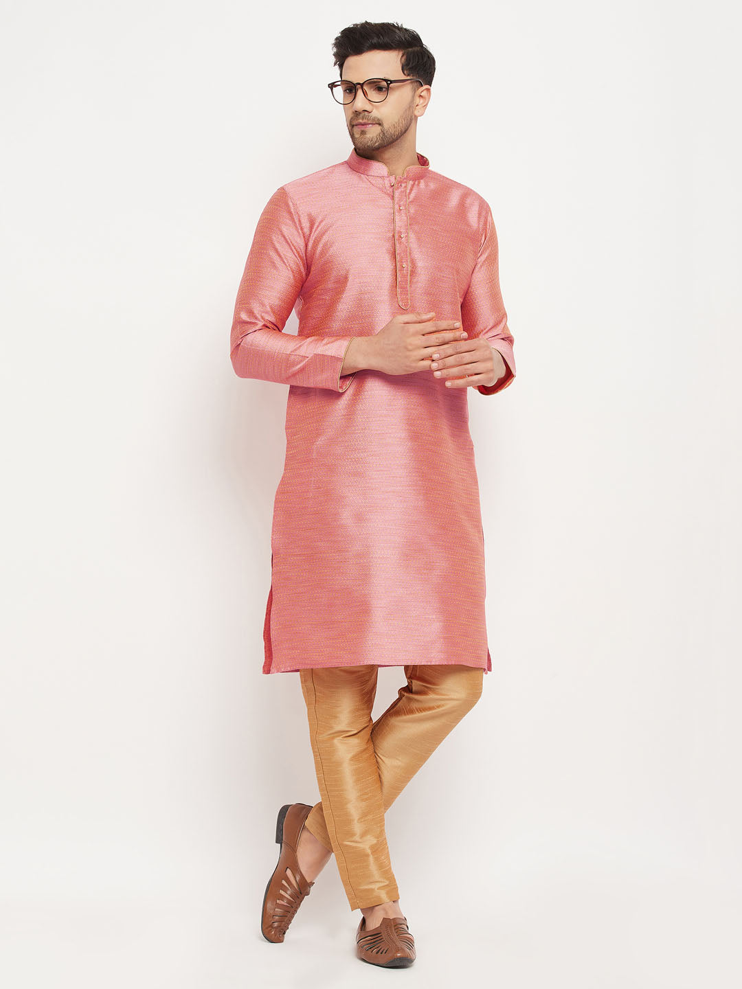 vastramay mens pink silk blend kurta and rose gold pant style pyjama set