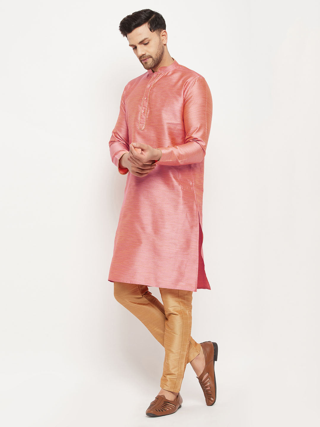 vastramay mens pink silk blend kurta and rose gold pant style pyjama set